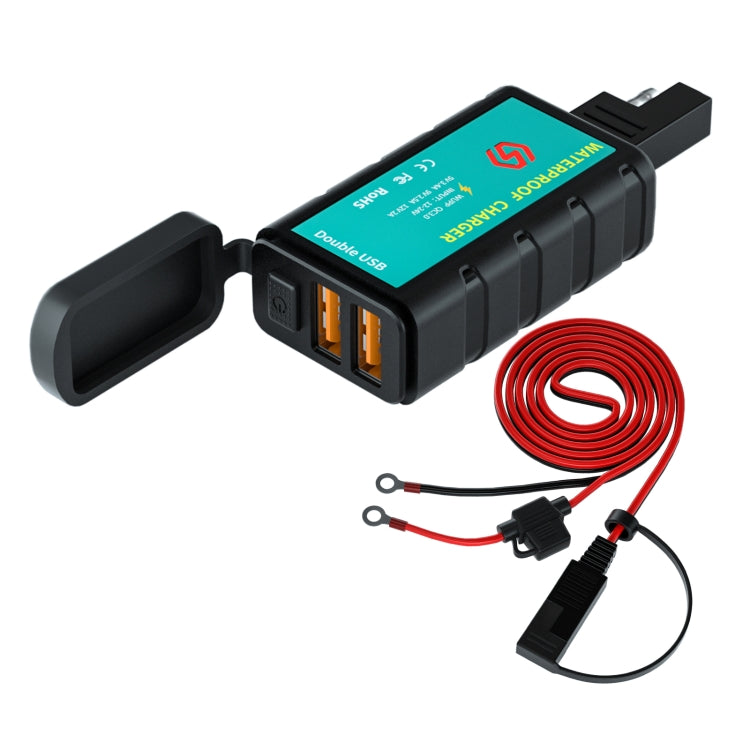 Caricatore di ricarica rapido doppio USB quadrato per moto WUPP ZH-1422C3 con interruttore + presa SAE integrata + cavo terminale OT da 1,4 m, ZH-1422C3