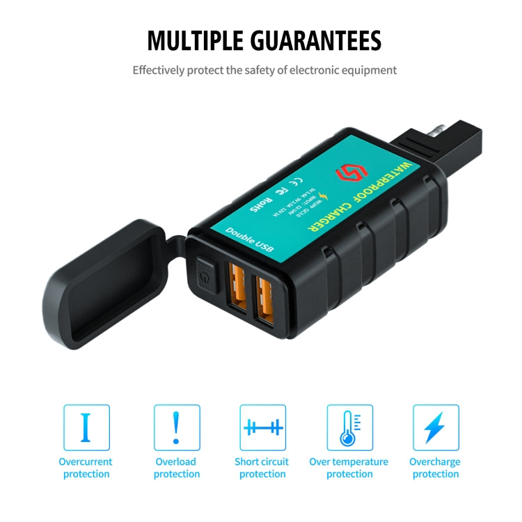 Caricatore di ricarica rapido doppio USB quadrato per moto WUPP ZH-1422C3 con interruttore + presa SAE integrata + cavo terminale OT da 1,4 m, ZH-1422C3