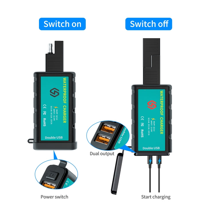 Caricatore di ricarica rapido doppio USB quadrato per moto WUPP ZH-1422C3 con interruttore + presa SAE integrata + cavo terminale OT da 1,4 m, ZH-1422C3