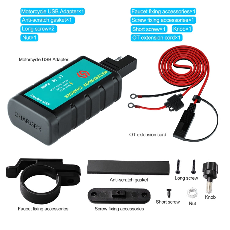 Caricatore di ricarica rapido doppio USB quadrato per moto WUPP ZH-1422C3 con interruttore + presa SAE integrata + cavo terminale OT da 1,4 m, ZH-1422C3