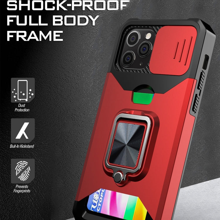 Cover scorrevole PC+TPU con anello e slot carte per iPhone 12/12