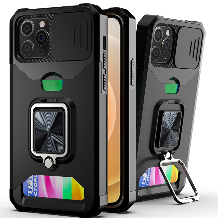 Cover scorrevole PC+TPU con anello e slot carte per iPhone 12/12