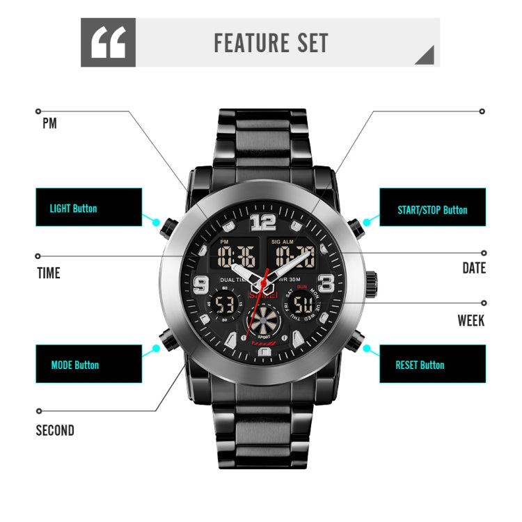 SKMEI 1642 Orologio elettronico luminoso con display a tre tempi, sveglia di supporto