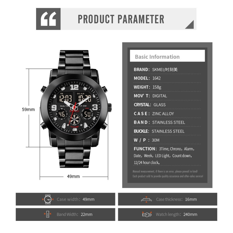 SKMEI 1642 Orologio elettronico luminoso con display a tre tempi, sveglia di supporto