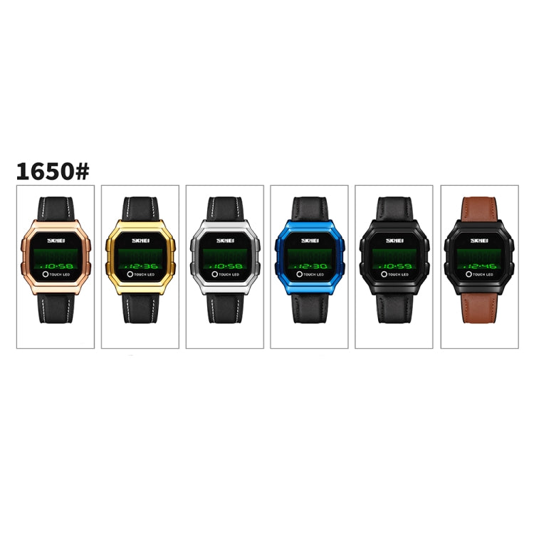 SKMEI 1650 Orologio elettronico con display digitale LED versione cinturino in pelle con pulsante luminoso touch, Leather Strap Version