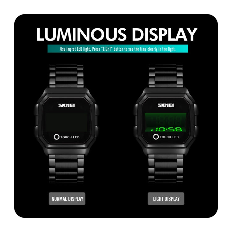 SKMEI 1650 Orologio elettronico con display digitale LED versione cinturino in pelle con pulsante luminoso touch, Leather Strap Version