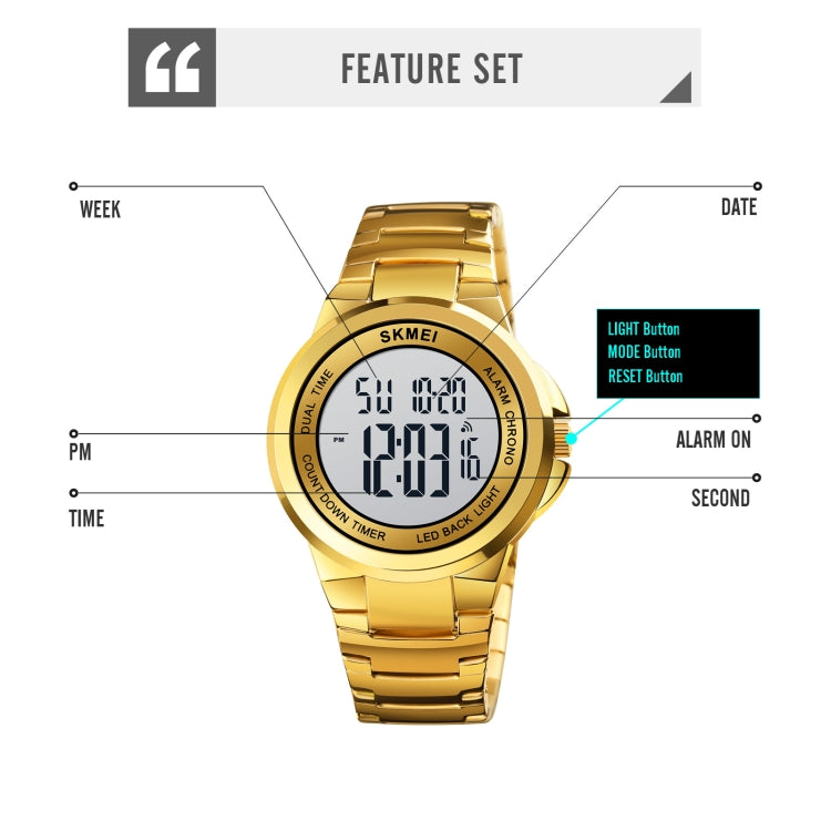 SKMEI 1712 Orologio elettronico con cinturino in acciaio inossidabile luminoso con display digitale a LED Dual Time