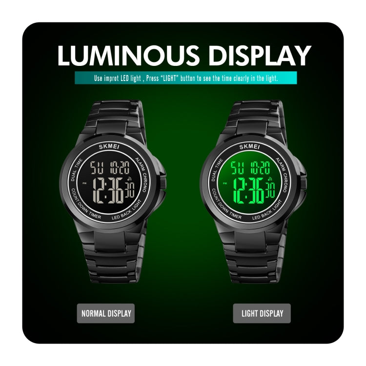 SKMEI 1712 Orologio elettronico con cinturino in acciaio inossidabile luminoso con display digitale a LED Dual Time