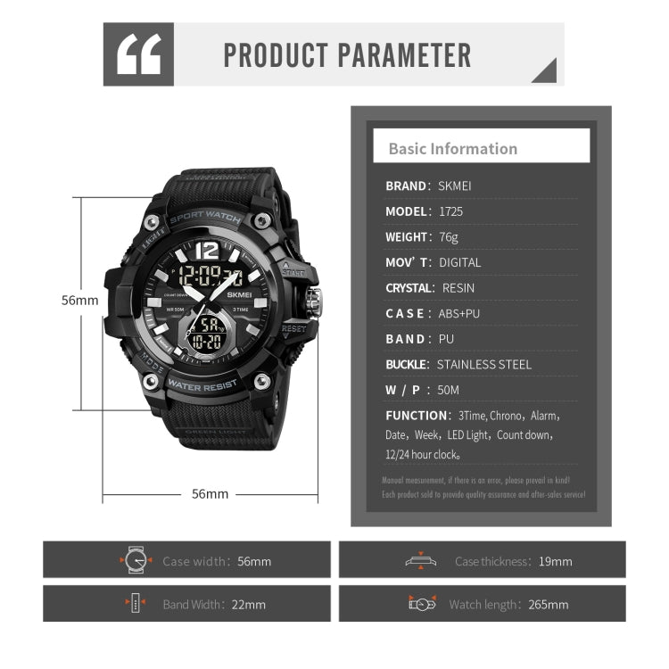 SKMEI 1725 Orologio elettronico luminoso a tre tempi con display digitale a LED