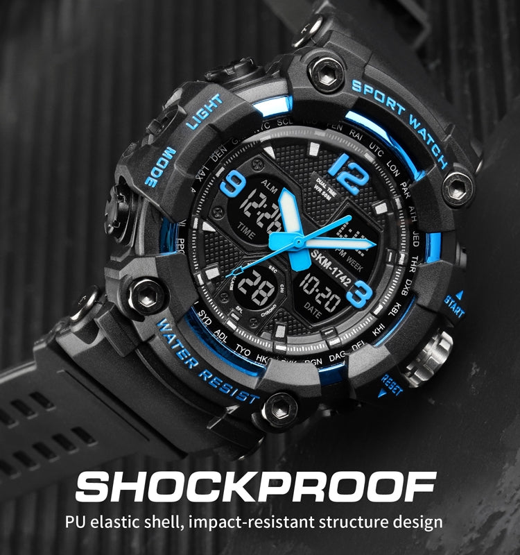 SKMEI 1742 Orologio elettronico da uomo sportivo antiurto con display digitale a LED a quattro schermi