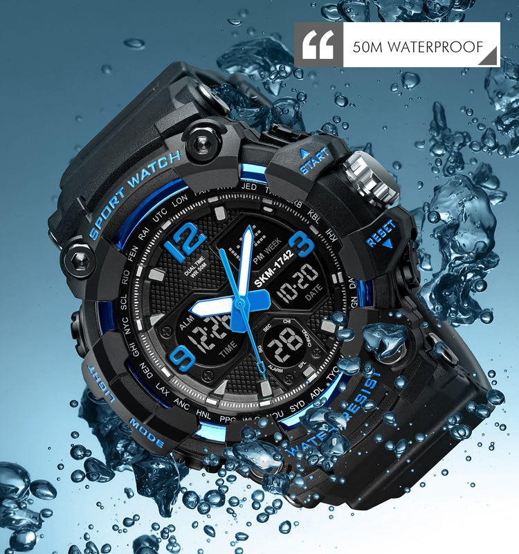 SKMEI 1742 Orologio elettronico da uomo sportivo antiurto con display digitale a LED a quattro schermi