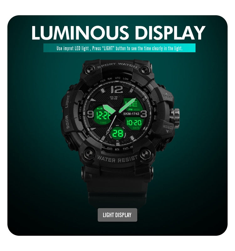 SKMEI 1742 Orologio elettronico da uomo sportivo antiurto con display digitale a LED a quattro schermi