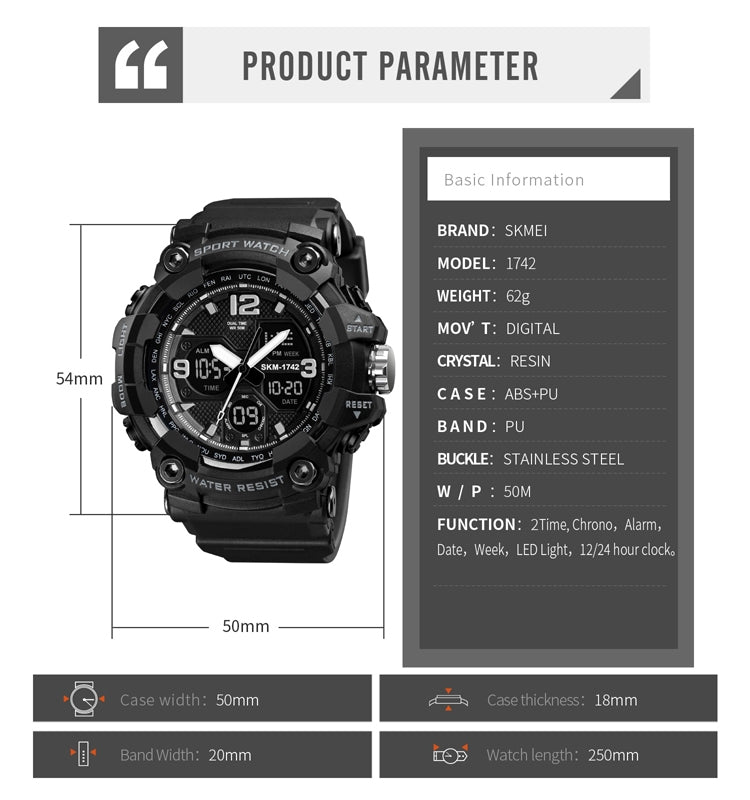 SKMEI 1742 Orologio elettronico da uomo sportivo antiurto con display digitale a LED a quattro schermi