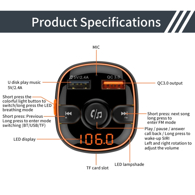 BC52 QC3.0 Trasmettitore FM per lettore MP3 Bluetooth con luce colorata per auto a ricarica rapida, BC52