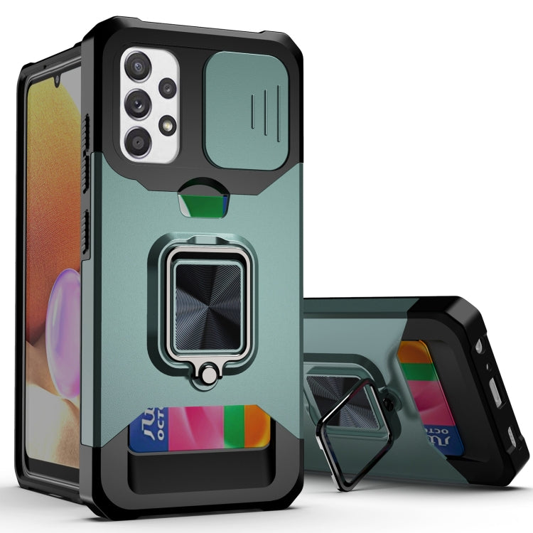 Cover per fotocamera scorrevole Design Custodia antiurto per PC + TPU con supporto per anello e slot per schede, For Samsung Galaxy A32 4G
