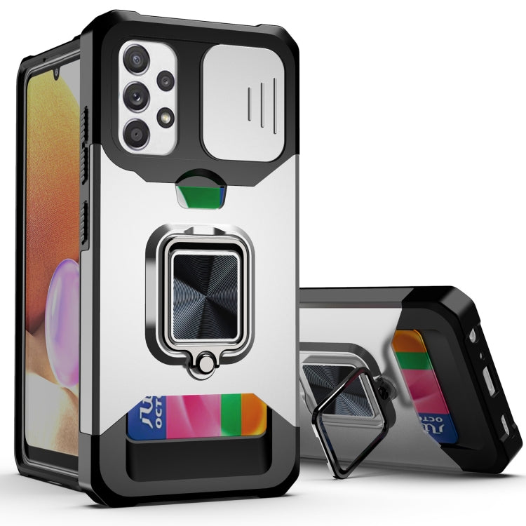 Cover per fotocamera scorrevole Design Custodia antiurto per PC + TPU con supporto per anello e slot per schede, For Samsung Galaxy A32 4G