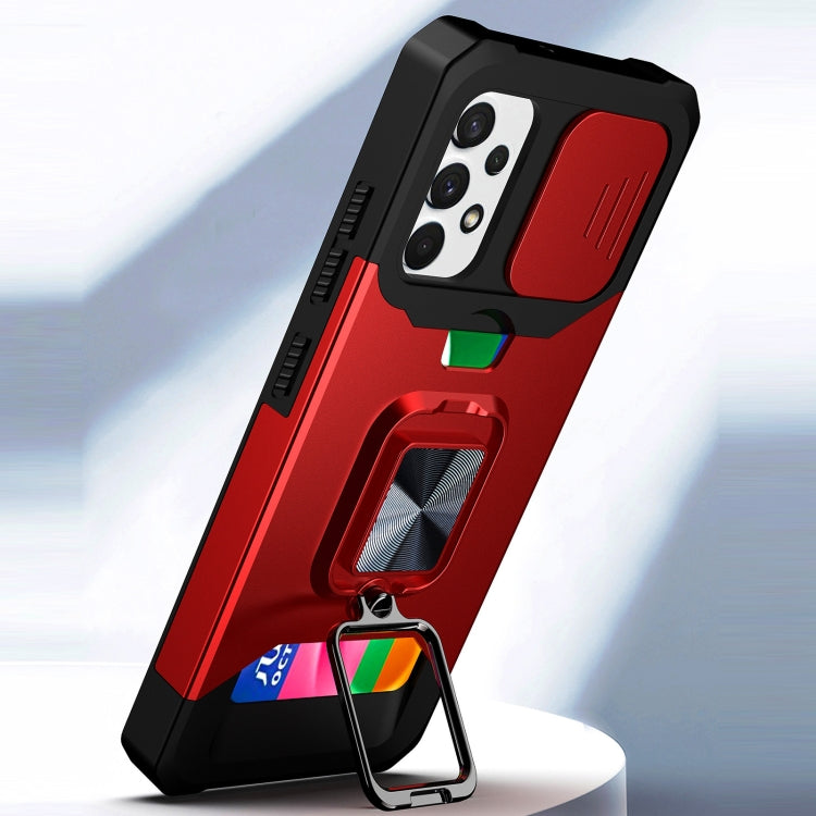 Cover per fotocamera scorrevole Design Custodia antiurto per PC + TPU con supporto per anello e slot per schede, For Samsung Galaxy A32 4G