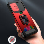 Cover per fotocamera scorrevole Design Custodia antiurto per PC + TPU con supporto per anello e slot per schede, For Samsung Galaxy A32 4G