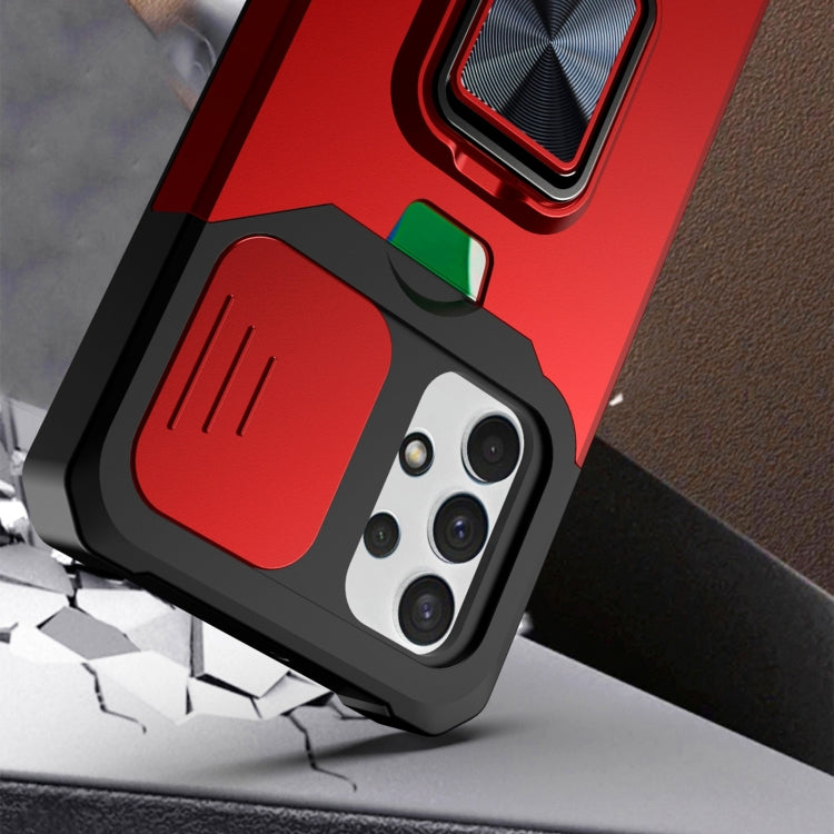 Cover per fotocamera scorrevole Design Custodia antiurto per PC + TPU con supporto per anello e slot per schede, For Samsung Galaxy A32 4G