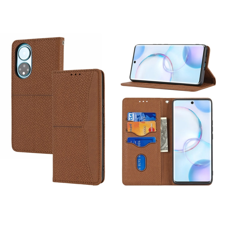 Custodia in pelle PU con cuciture orizzontali magnetiche con cuciture a trama intrecciata con supporto e slot per carte e portafoglio e cordino, For Honor 50 SE