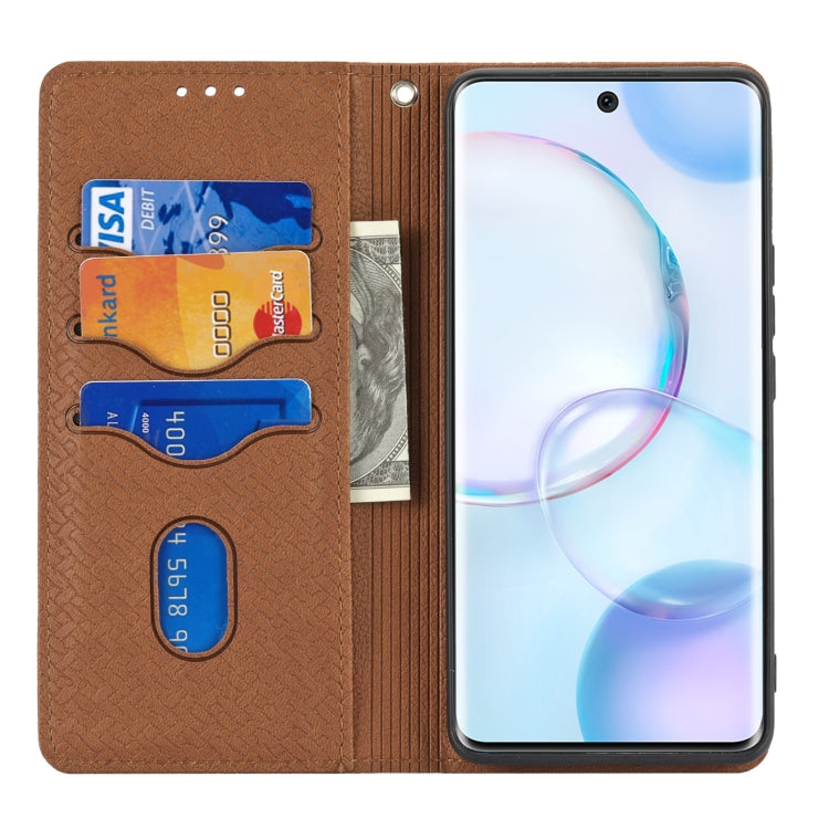 Custodia in pelle PU con cuciture orizzontali magnetiche con cuciture a trama intrecciata con supporto e slot per carte e portafoglio e cordino, For Honor 50 SE