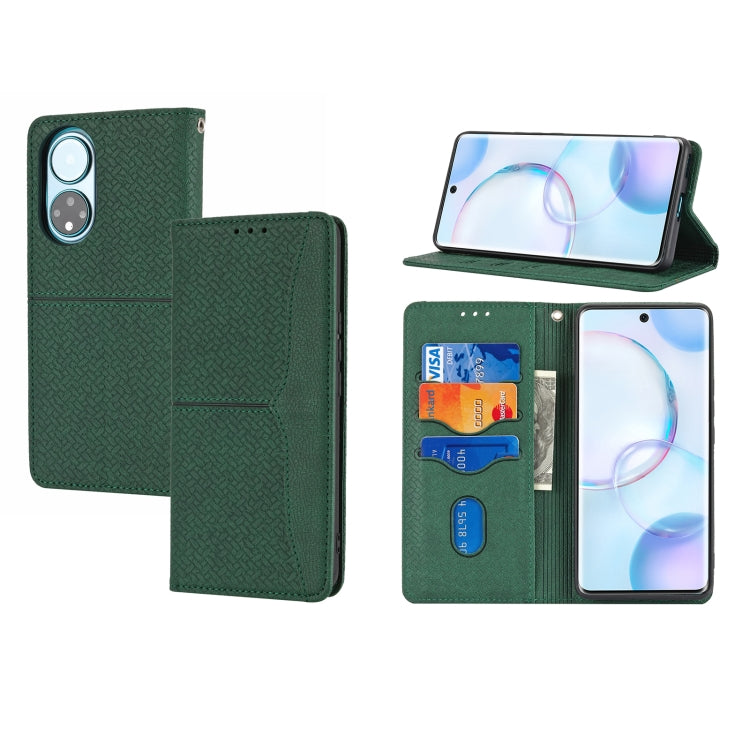 Custodia in pelle PU con cuciture orizzontali magnetiche con cuciture a trama intrecciata con supporto e slot per carte e portafoglio e cordino, For Honor 50 SE