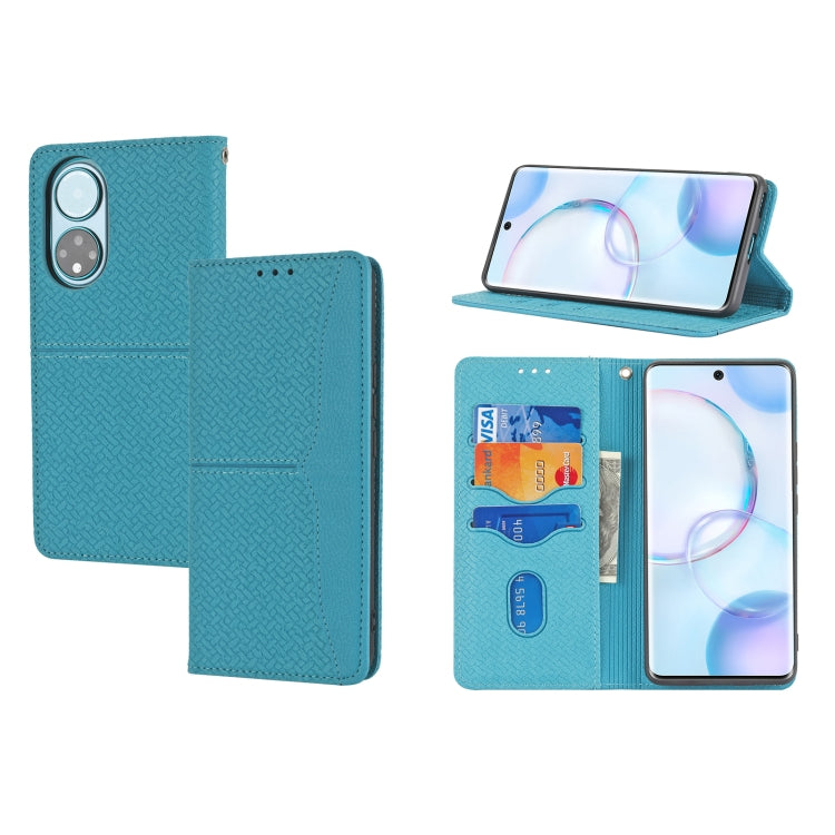 Custodia in pelle PU con cuciture orizzontali magnetiche con cuciture a trama intrecciata con supporto e slot per carte e portafoglio e cordino, For Honor 50 SE
