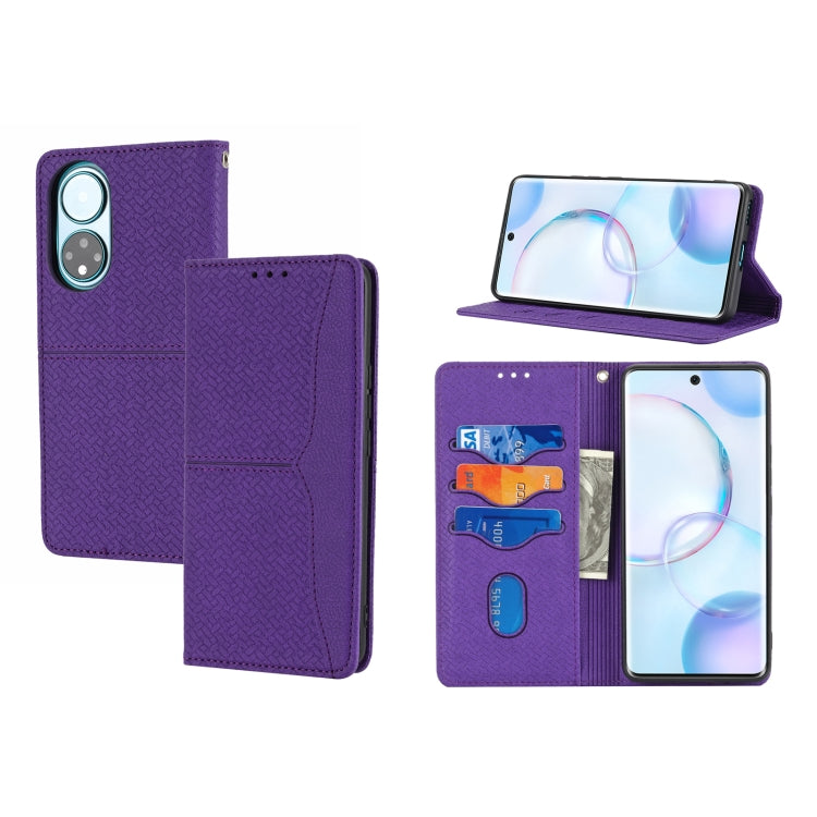 Custodia in pelle PU con cuciture orizzontali magnetiche con cuciture a trama intrecciata con supporto e slot per carte e portafoglio e cordino, For Honor 50 SE