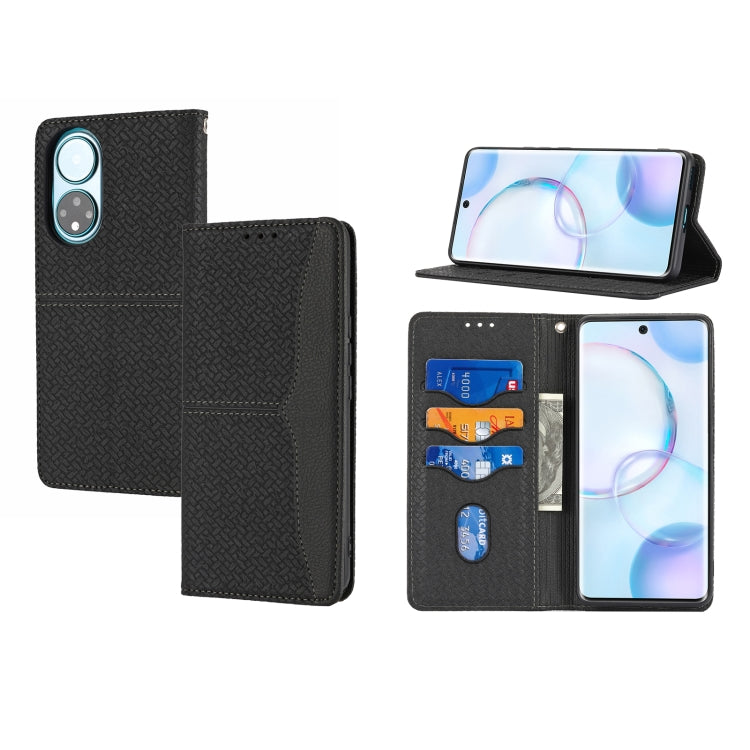 Custodia in pelle PU con cuciture orizzontali magnetiche con cuciture a trama intrecciata con supporto e slot per carte e portafoglio e cordino, For Honor 50 SE