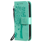 Custodia in pelle sintetica a vibrazione orizzontale con motivo ad albero e gatto con supporto e fessure per carte, portafoglio e cordino, For iPhone 13 mini, For iPhone 13