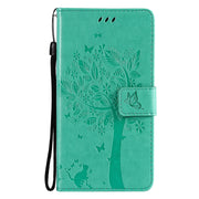 Custodia in pelle sintetica a vibrazione orizzontale con motivo ad albero e gatto con supporto e fessure per carte, portafoglio e cordino, For OnePlus N200 5G