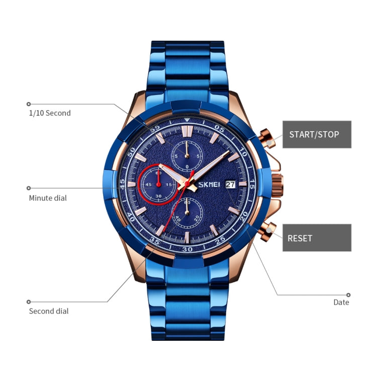 SKMEI 9192 Orologio al quarzo luminoso con cinturino in acciaio inossidabile con calendario da uomo