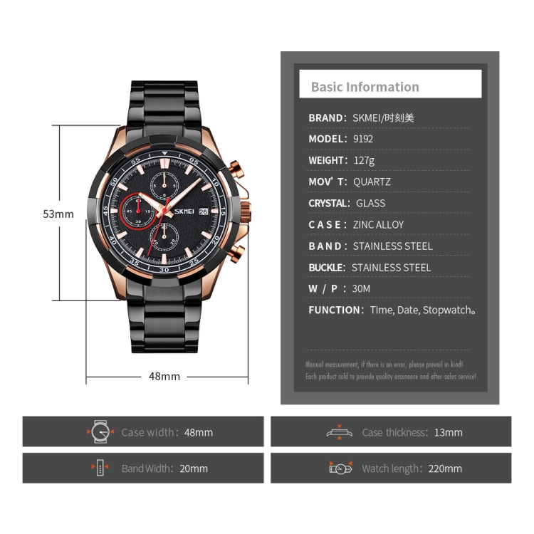 SKMEI 9192 Orologio al quarzo luminoso con cinturino in acciaio inossidabile con calendario da uomo