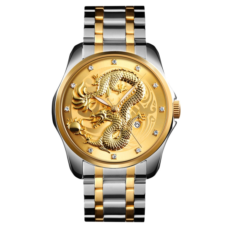 SKMEI 9193 Orologio da uomo al quarzo luminoso con quadrante dorato con motivo a drago