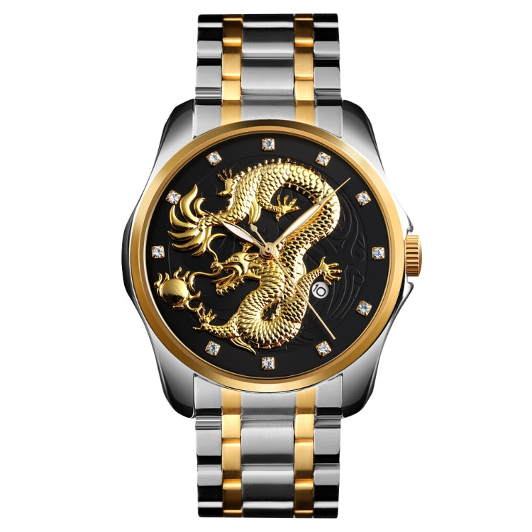 SKMEI 9193 Orologio da uomo al quarzo luminoso con quadrante dorato con motivo a drago