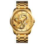 SKMEI 9193 Orologio da uomo al quarzo luminoso con quadrante dorato con motivo a drago