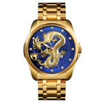 SKMEI 9193 Orologio da uomo al quarzo luminoso con quadrante dorato con motivo a drago