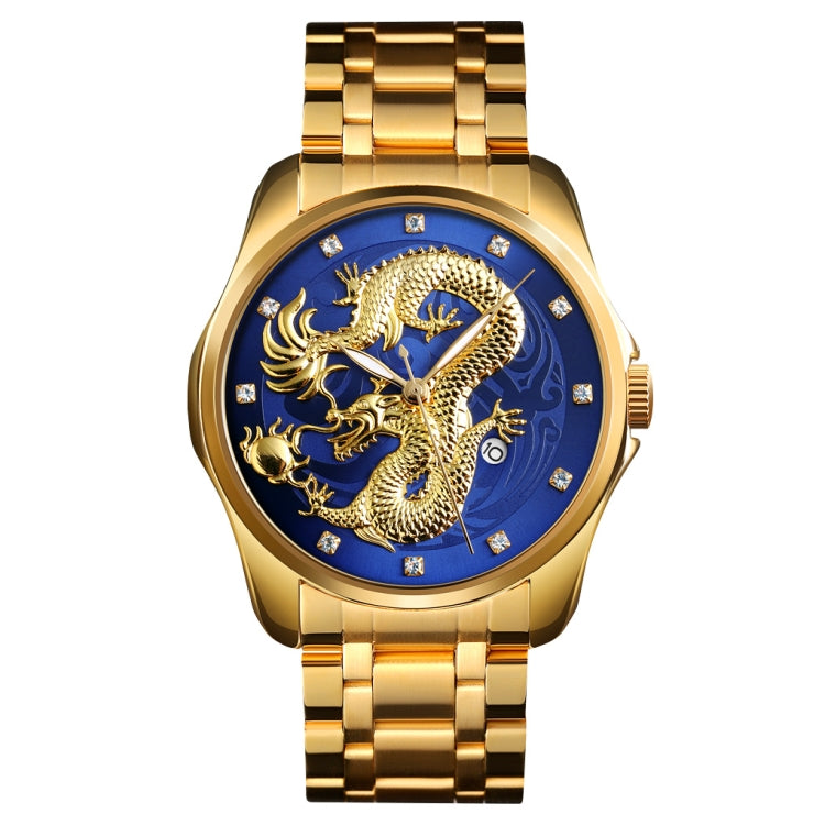 SKMEI 9193 Orologio da uomo al quarzo luminoso con quadrante dorato con motivo a drago