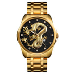 SKMEI 9193 Orologio da uomo al quarzo luminoso con quadrante dorato con motivo a drago