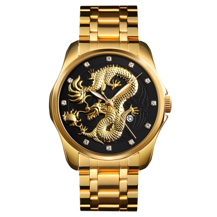 SKMEI 9193 Orologio da uomo al quarzo luminoso con quadrante dorato con motivo a drago