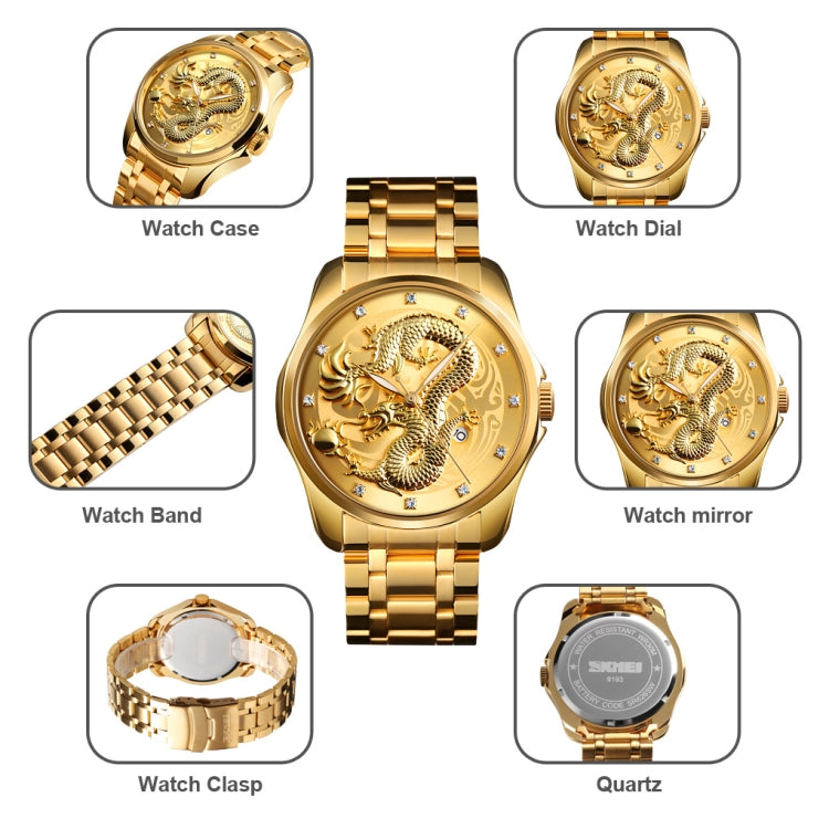 SKMEI 9193 Orologio da uomo al quarzo luminoso con quadrante dorato con motivo a drago