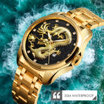 SKMEI 9193 Orologio da uomo al quarzo luminoso con quadrante dorato con motivo a drago