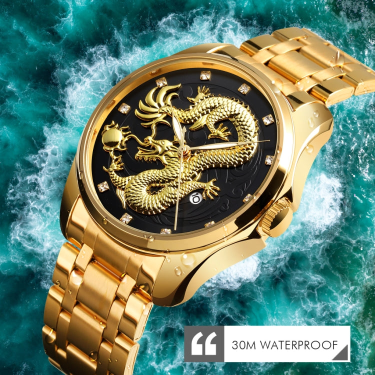 SKMEI 9193 Orologio da uomo al quarzo luminoso con quadrante dorato con motivo a drago