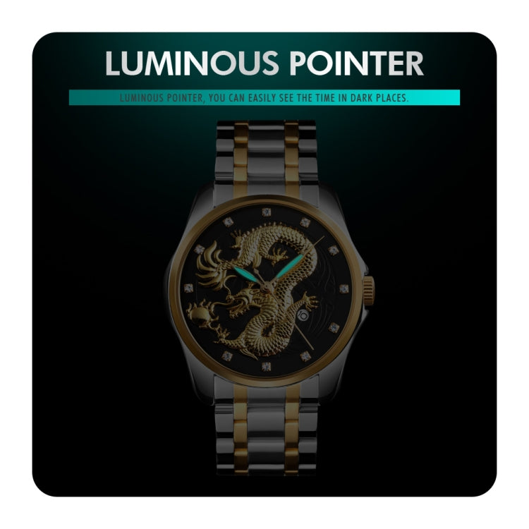 SKMEI 9193 Orologio da uomo al quarzo luminoso con quadrante dorato con motivo a drago