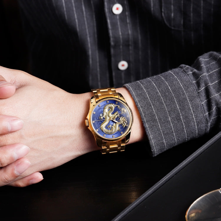 SKMEI 9193 Orologio da uomo al quarzo luminoso con quadrante dorato con motivo a drago