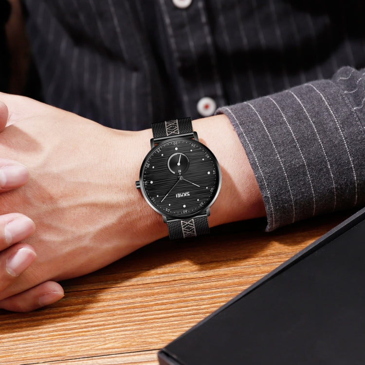 SKMEI 9218 Orologio da uomo al quarzo con cinturino in maglia con quadrante in numeri arabi a righe orizzontali