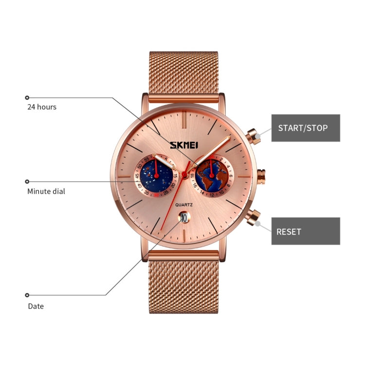 SKMEI 9231 Orologio da uomo al quarzo con cinturino in acciaio inossidabile con cronometro calendario modello mappa
