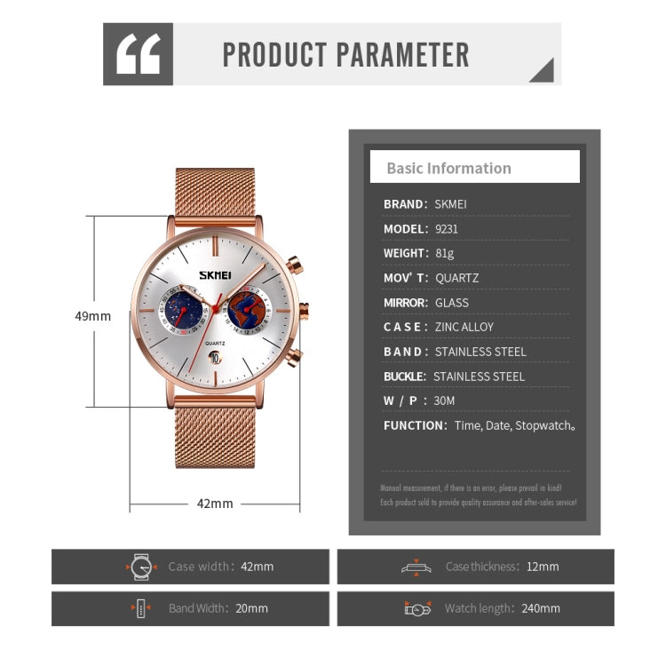 SKMEI 9231 Orologio da uomo al quarzo con cinturino in acciaio inossidabile con cronometro calendario modello mappa