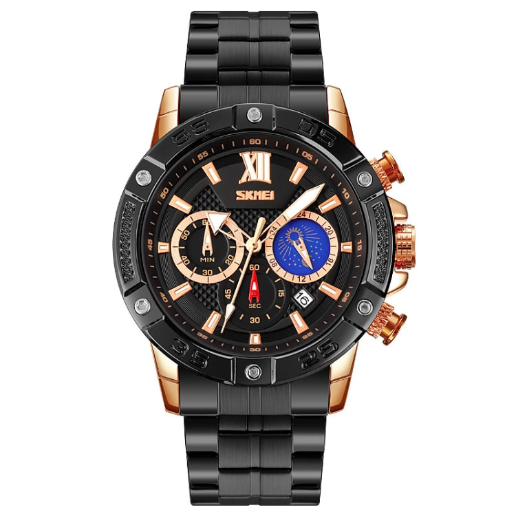 SKMEI 9235 Orologio al quarzo con cinturino in acciaio inossidabile con cronometro Moonphase da uomo