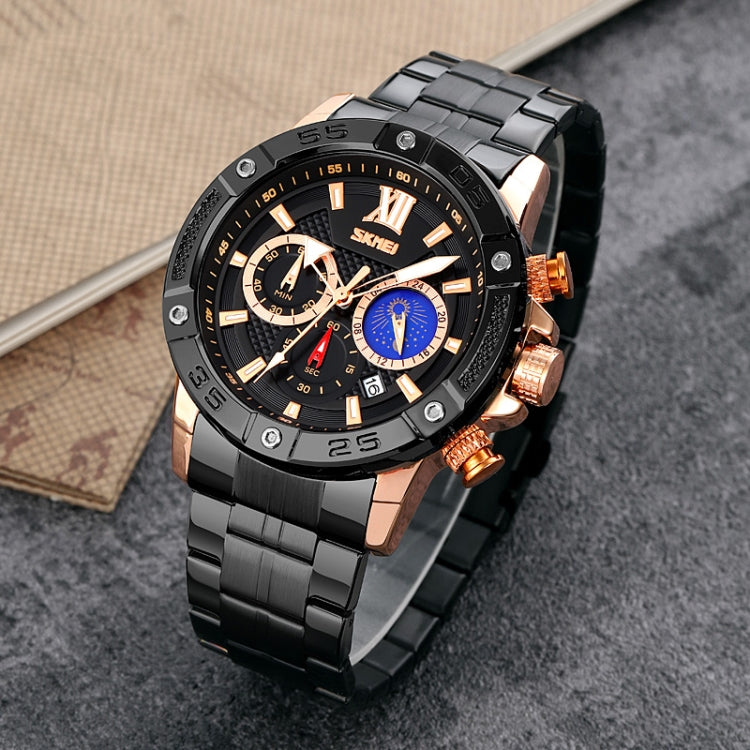 SKMEI 9235 Orologio al quarzo con cinturino in acciaio inossidabile con cronometro Moonphase da uomo